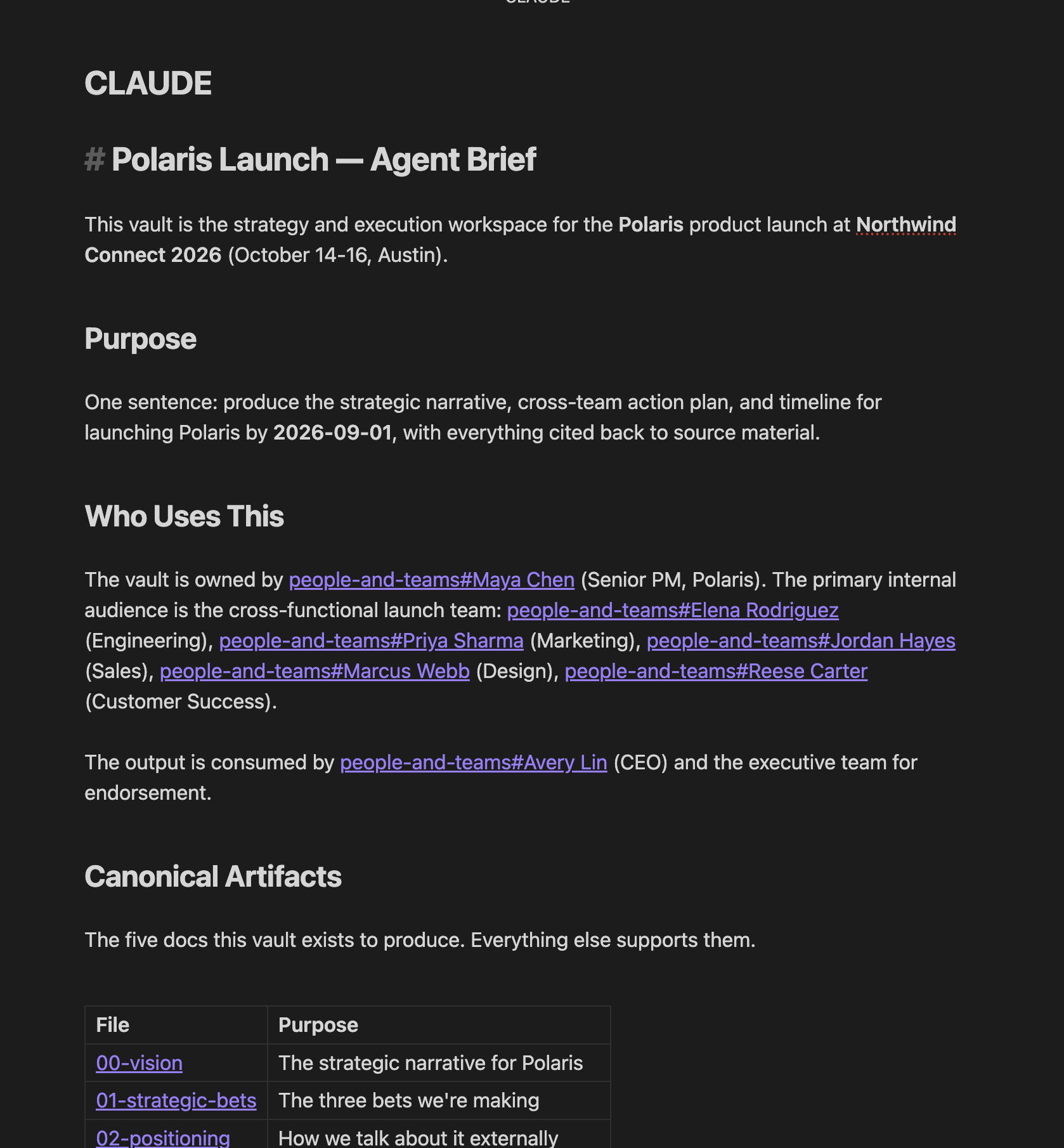 A real CLAUDE.md file open in Obsidian, showing the structured agent brief
