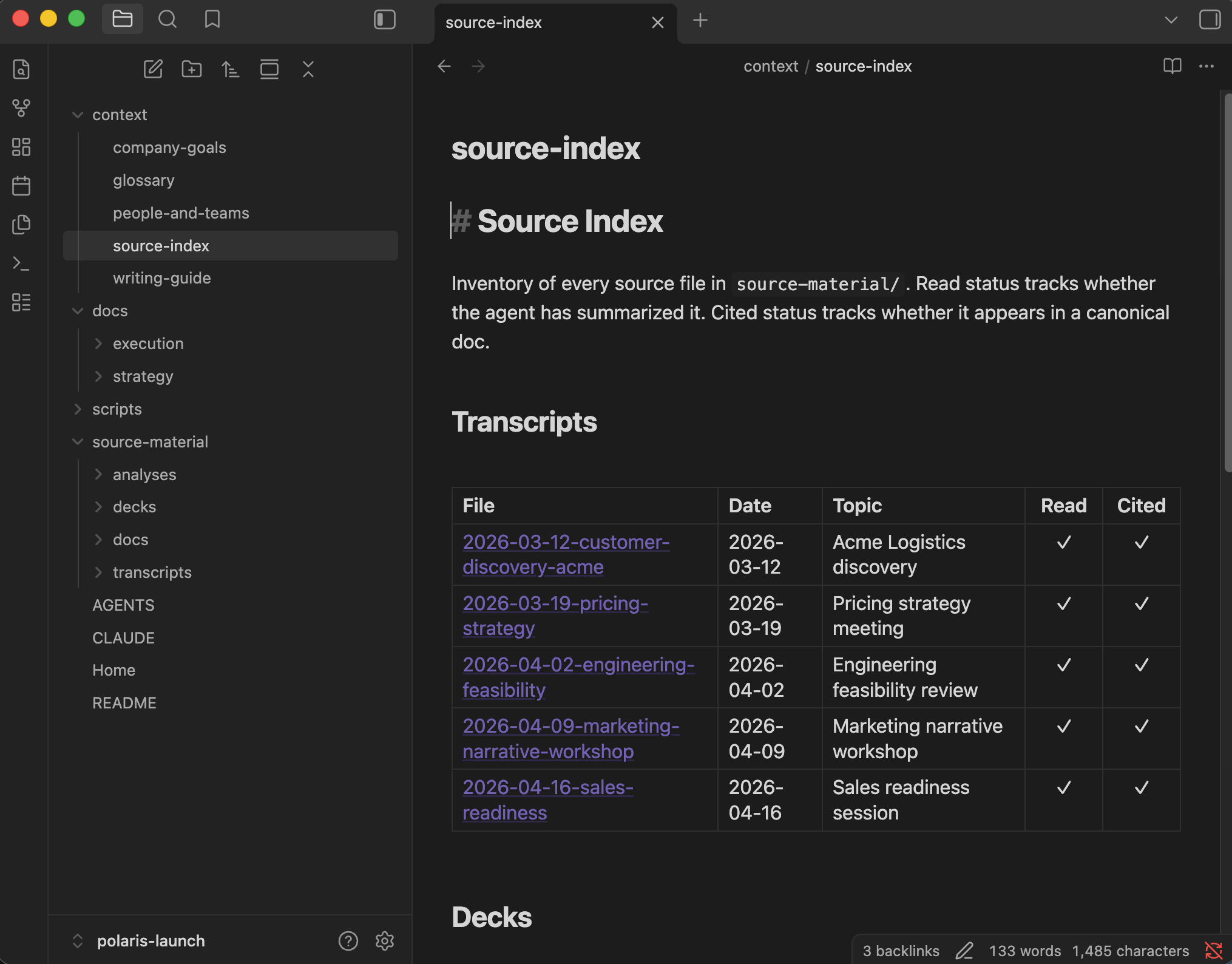 Obsidian file explorer showing the folder structure of a real vault